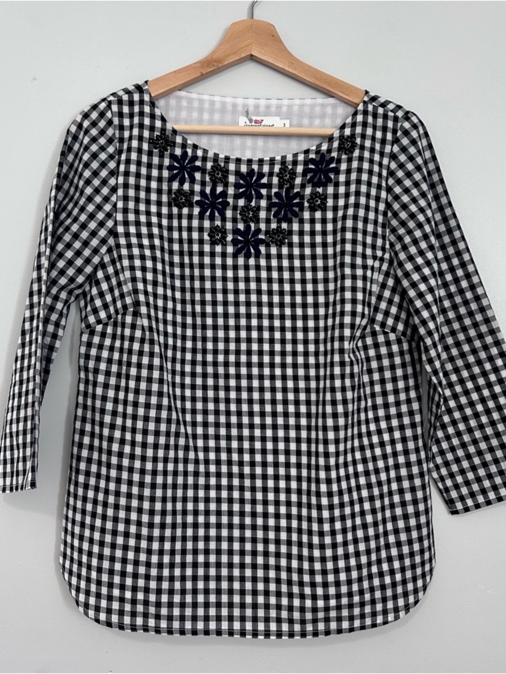 Vineyard Vines Black & White Gingham Embroidered Scoop Neck Blouse 2